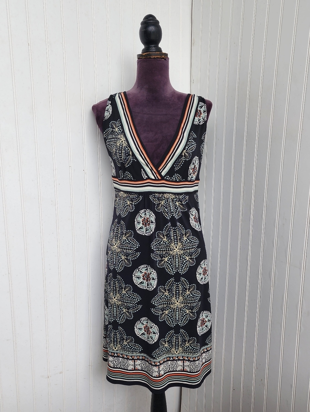 Max Edition Geometric A-Line Dress Black White Orange Mint Sleeveless V-Neck S
